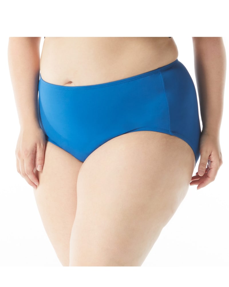 Front of a model wearing a size 16W Chloe High-Waisted Bikini Bottom in BLUE BLISS by Beach House Woman. | dia_product_style_image_id:282008